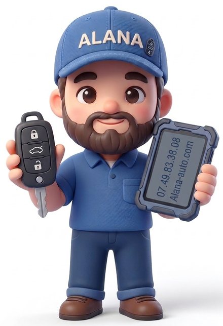 Christophe, la mascotte Alana Auto, avec une clé de voiture et un écran affichant le 07 49 83 38 08